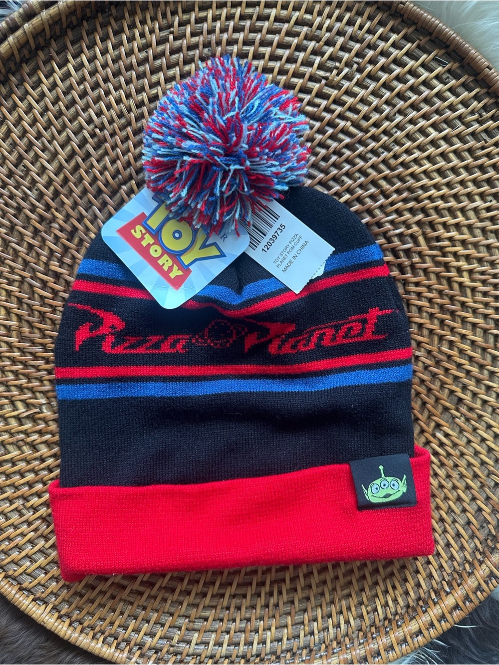 Disney Toy Story Pizza Planet Pom Beanie Black & Red Hat New with Tags